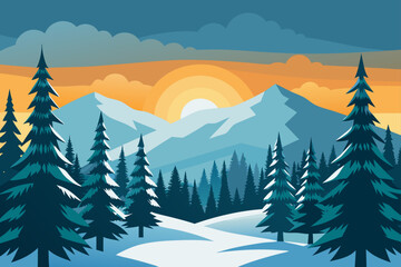 Fototapeta premium Winter mountain landscape at sunset with evergreen trees