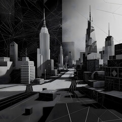 Black and White Urban Cityscape with Tall Buildings