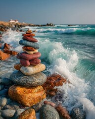 A peaceful shoreline with stacked stones and crashing waves