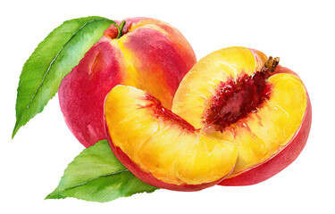 Two ripe peaches, one whole and one halved, displayed with vibrant colors and lush green leaves.  The halved peach reveals juicy, yellow flesh and a reddish pit