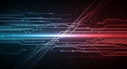 A dynamic and futuristic circuit board design, featuring contrasting blue and red glowing lines on a dark background, emphasizing technological advancement and innovation.
