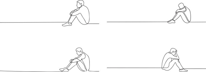 Set of sad man sitting alone one continuous line art, Vector illustration, One line art, Line art graphic style
