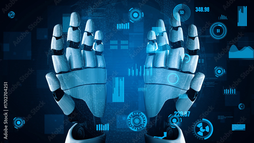 Poster this captivating image showcases futuristic robotic hands reaching out amidst a backdrop of vibrant 