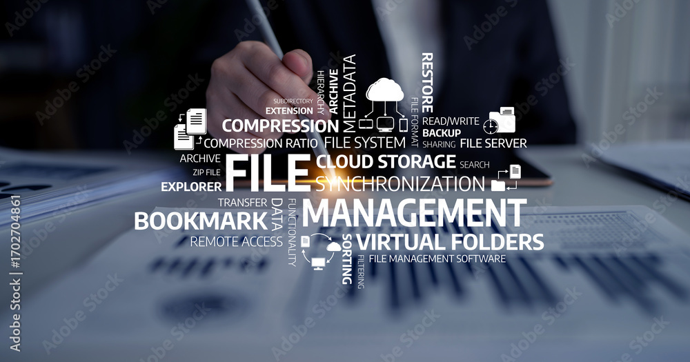 Poster this image illustrates essential concepts of file management, highlighting cloud storage and synchro