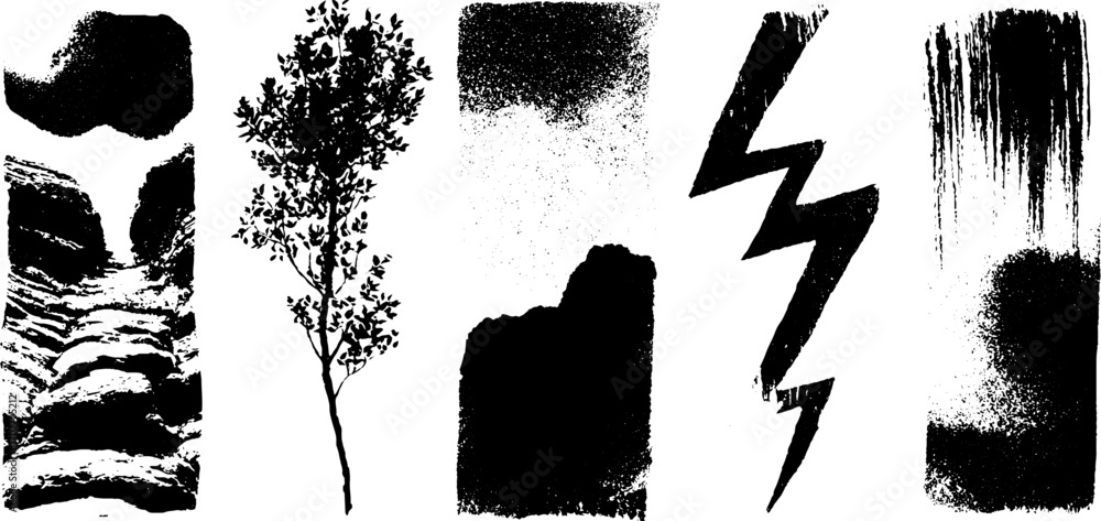 Aufkleber Abstract black ink silhouette patterns with tree and lightning design for creative projects