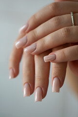 Elegant female hands with nude manicure and silver ring