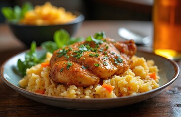 Traditional Brazilian dish galinhada goiana. Rice risotto and fried chicken on plate garnished with parsley. Healthy lunch, exotic seasoned aromatic meal. Typical vitamin rich seasonal food.