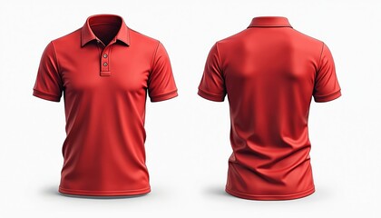 Red polo shirt mockup. Front, back view. Classic short sleeve apparel design for men or women. Template for print, advertising, fashion brands, retail. Sport style, casual attire for summer.