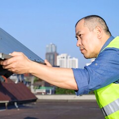 Worker inspecting rooftop metal panel