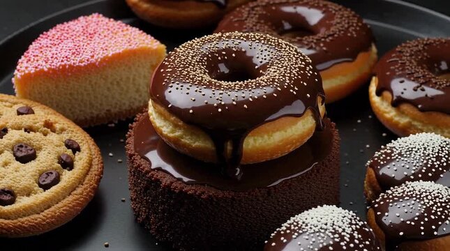 Assorted desserts including chocolate-glazed donuts, a chocolate chip dounat, a sponge cake with sprinkles, and other pastries on a dark tray  
