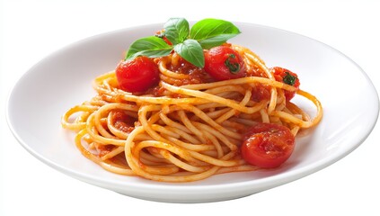 spaghetti with tomato sauce on a white plate, isolated against a white background. ultra-realistic photography.
