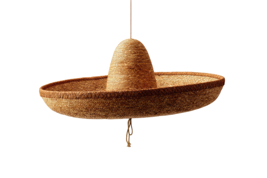 A light brown straw sombrero, hanging