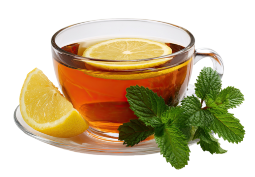 Transparent teacup filled with amber-colored tea, topped with a lemon slice and fresh mint leaves