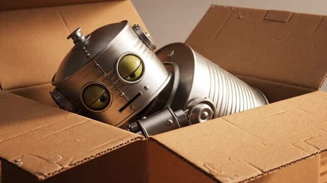 Lost robot dreams of escape from cardboard box prison in dynamic animated sequence for tech industry