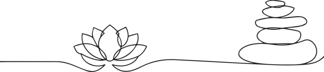 Stones and Lotus flower one continuous line art, Vector illustration, One line art, Line art graphic style