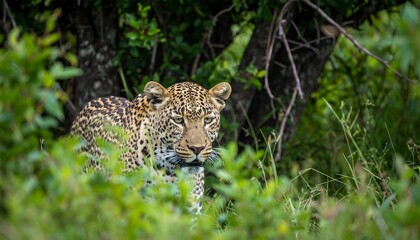 Leopard hidden in leafy thicket
