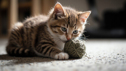 Kitten playing with yarn ball indoors, adorable cat having fun, cute pet entertainment at home, playful kitten with toy, indoor animal lifestyle, cozy home environment, USA and Europe pet photography 