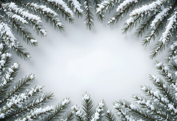 Snow-Covered Pine Branch Border with Blank Center Winter Holiday Frame on White Background Festive Nature Layout for Christmas and Seasonal Design