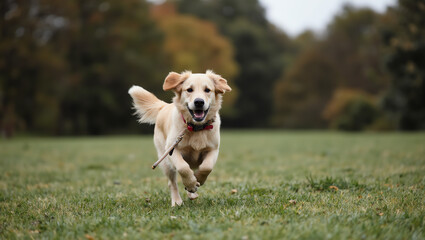 Golden retriever running in park with stick, happy dog playing outdoors, energetic pet in green field, playful canine lifestyle, active dog enjoying nature, USA and Europe dog photography concept