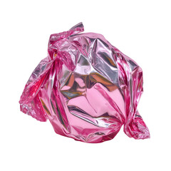 Pink foil-wrapped candy.  Close-up, wrinkled, shiny wrapping