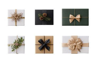 Christmas luxury gift present festive pattern top down view PNG set, cutout isolated on white background. Winter Holiday gifting season graphic resource