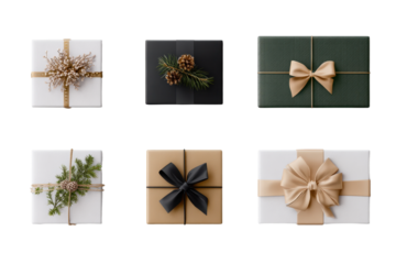 Christmas luxury gift present festive pattern top down view PNG set, cutout isolated on white background. Winter Holiday gifting season graphic resource