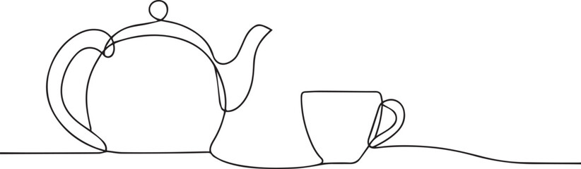 Teapot pouring tea on cup one continuous line art, Vector illustration, One line art, Line art graphic style