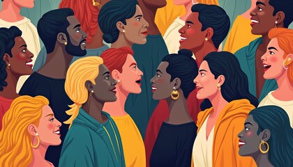 Vibrant colorful diverse people illustration. Various ethnicities, black women natural hair, different style wigs braids racked together form silhouette. Bright cheerful feeling individual community