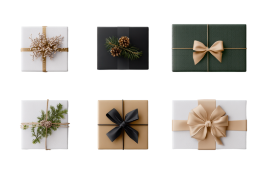 Christmas luxury gift present festive pattern top down view PNG set, cutout isolated on white background. Winter Holiday gifting season graphic resource
