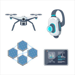 Ilustrasi vektor teknologi modern masa depan. Terdiri dari drone kamera, headset AI futuristik, jaringan blockchain atau neural network, serta antarmuka data digital. Konsep kecerdasan buatan, big dat