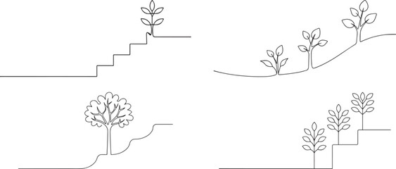 Set of plant growth one continuous line art, Vector illustration, One line art, Line art graphic style