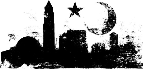 Obraz premium Mystical moon and star silhouette with urban skyline in black ink grunge style