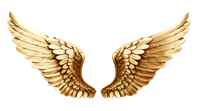 Symmetrical Golden Angel Wings with Detailed Feathers on golden wings ornate isolated on a transparent background