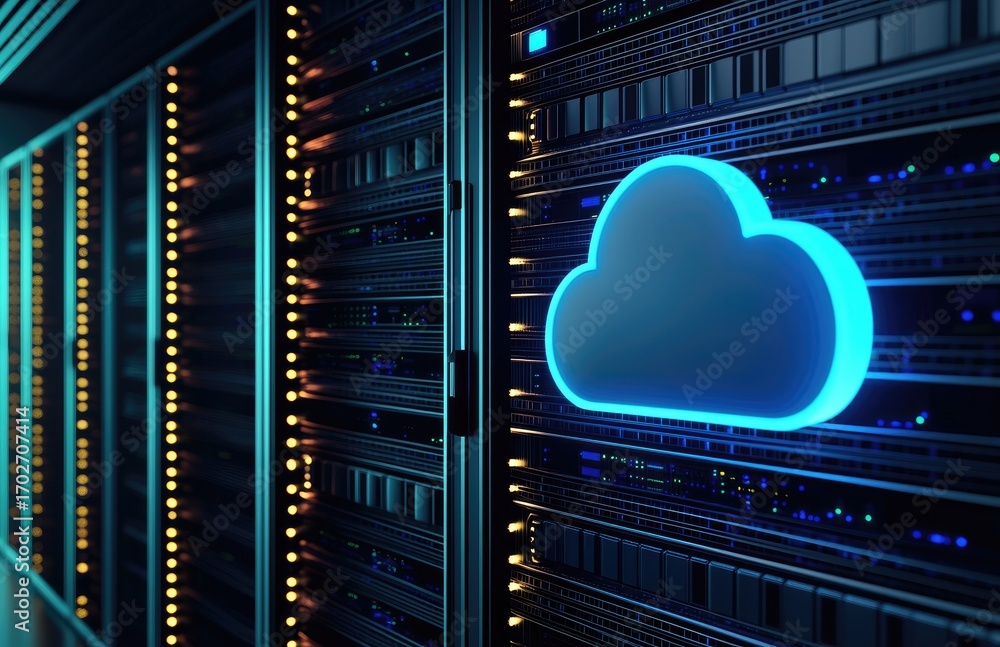 Poster modern server rack with glowing blue cloud icon symbolizing cloud storage and computing, ideal for i