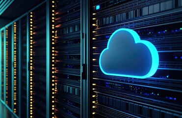 Modern server rack with glowing blue cloud icon symbolizing cloud storage and computing, ideal for IT infrastructure presentations, data center ads, networking technology and digital solutions