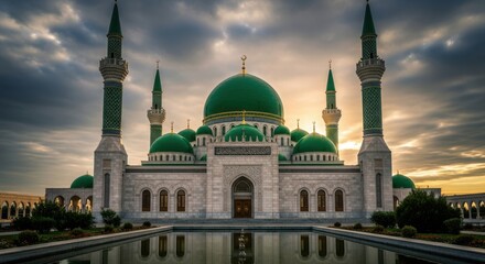 Majestic Green Domed Mosque Reflecting in Water Under a Dramatic Sky
