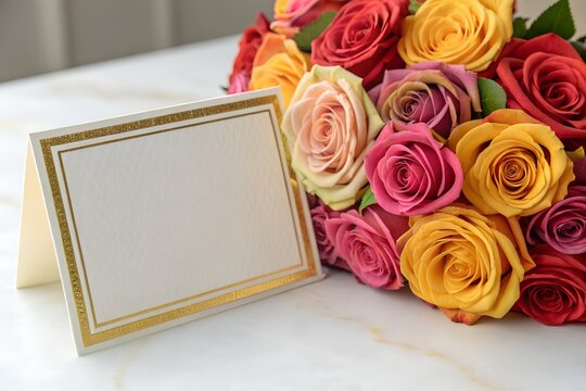 Blank Greeting Card and Roses: A luxurious scene showcasing a bundle of vibrant, multicolored roses, accented by a blank greeting card. Ready for your heartfelt message