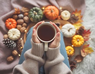 스웨터를 입고 따뜻한 차를 손에 들고 있는 모습, 아늑한 가을 모습