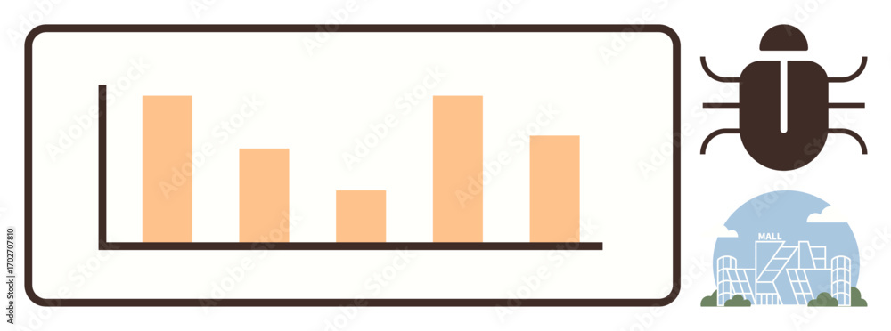 Poster bar chart with segmented data analysis, bug representing software issue, urban buildings symbolizing