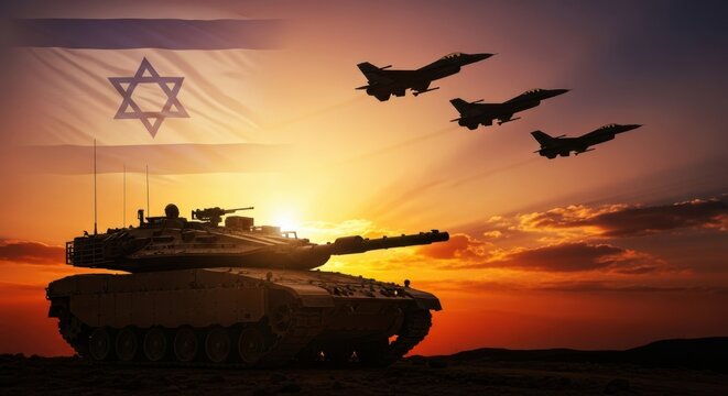 Israeli military might at sunset with fighter jets and tank