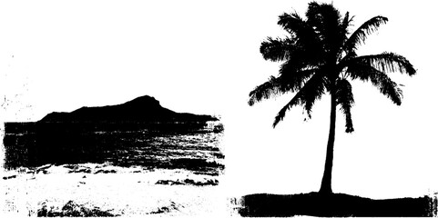 Tropical island scene with palm tree silhouette in black ink for nature-themed design