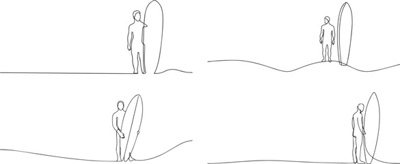 Set of man holding surfboard one continuous line art, Vector illustration, One line art, Line art graphic style