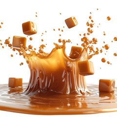 Splash of caramel with cubes isolated on transparent background