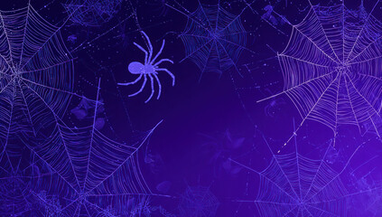 Halloween spider web background with a spider on a purple backdrop.