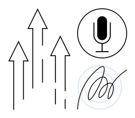 Arrows pointing upward, microphone icon, and circular signature illustrate growth, communication, creativity, strategy, success, innovation entrepreneurship. Ideal for business progress