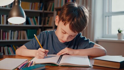child studying writing notebook