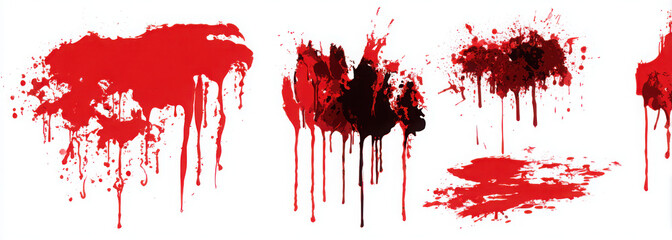 A collection of various red blood or paint splatters and drips isolated on a white background.