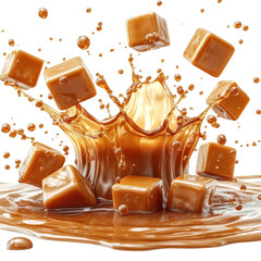 Splash of caramel with cubes isolated on transparent background