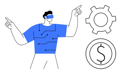 Person wearing VR headset with digital pattern on shirt pointing upward, gear and dollar icon represent innovation, technology, economy, virtual interaction. Ideal for technology, finance, research