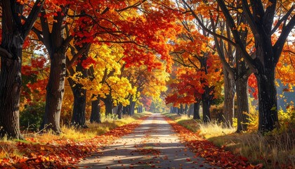 Naklejka premium Aesthetic Autumnal Avenue with Vibrant Foliage Displaying Fall Colors